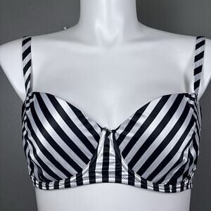 Playful Promises Satin Black White Striped Bra US 38DDD Balconette Underwire